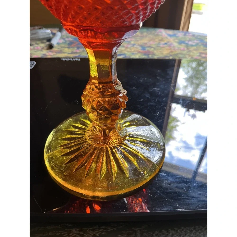 Vintage Amberina Glass Ruffled Compote Dish Diamond Point Pedestal Red‎ Yellow